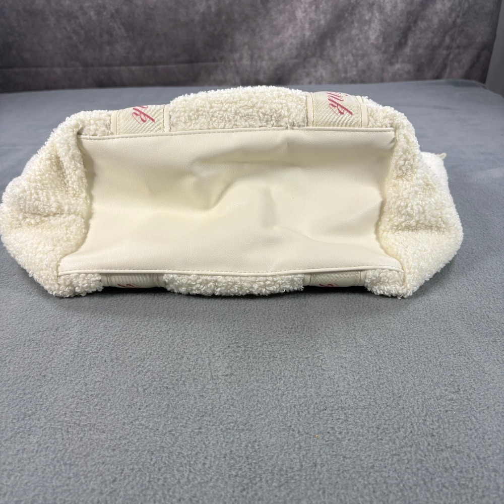 Victoria's Secret PINK Sherpa Tote Bag Cream Fleece Logo Strap Large Travel Zip - Picture 4 of 5